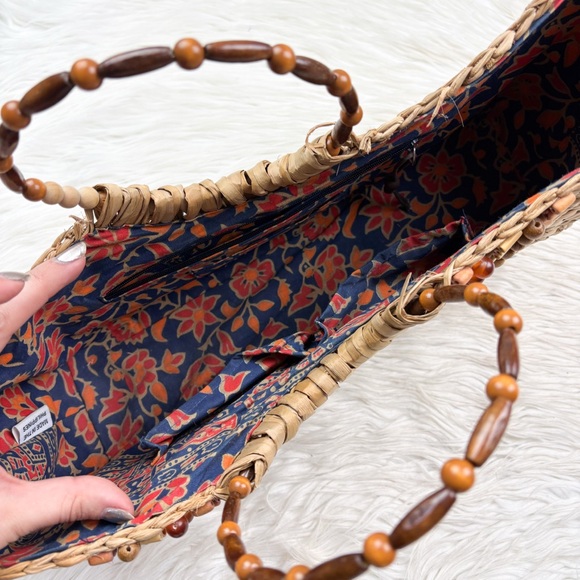 Vintage Philippines Beaded East West Baguette Raffia Woven Wicker Tote Bag Aloha - Picture 8 of 10